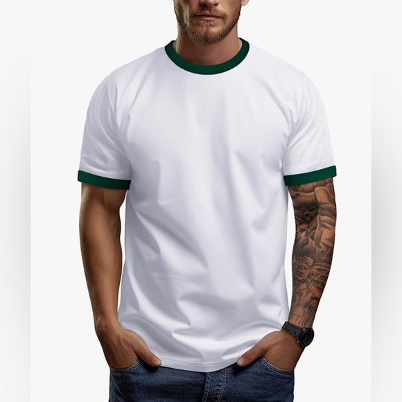 Ringer Tee White Green Trim Size Medium Vintage Look T-shirt - Picture 1 of 5